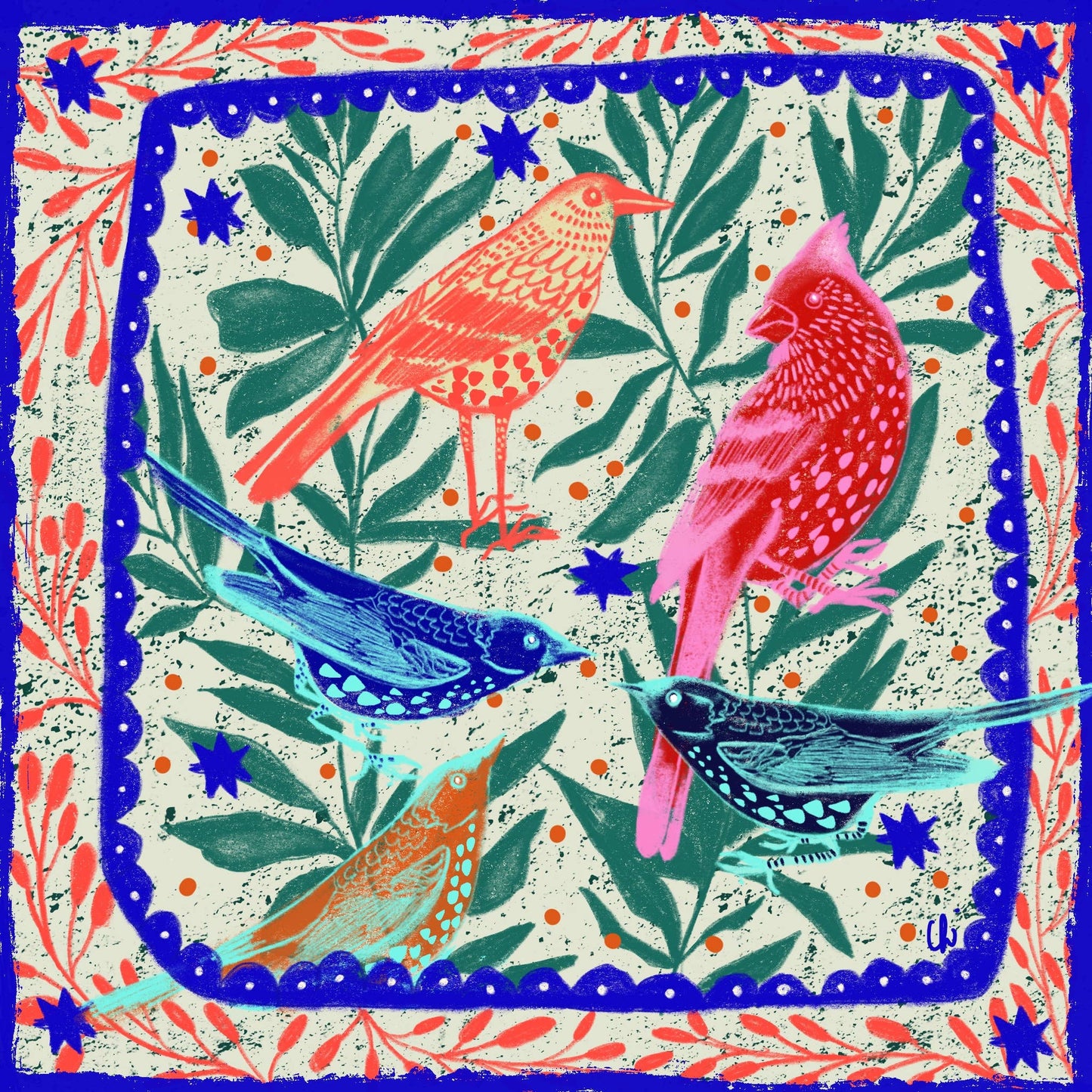 Five Birds & Leaves | Art Print