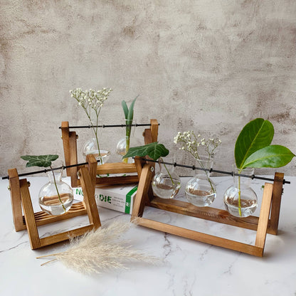 Glass Planter Bulb Vase with Wooden Stand | Triple