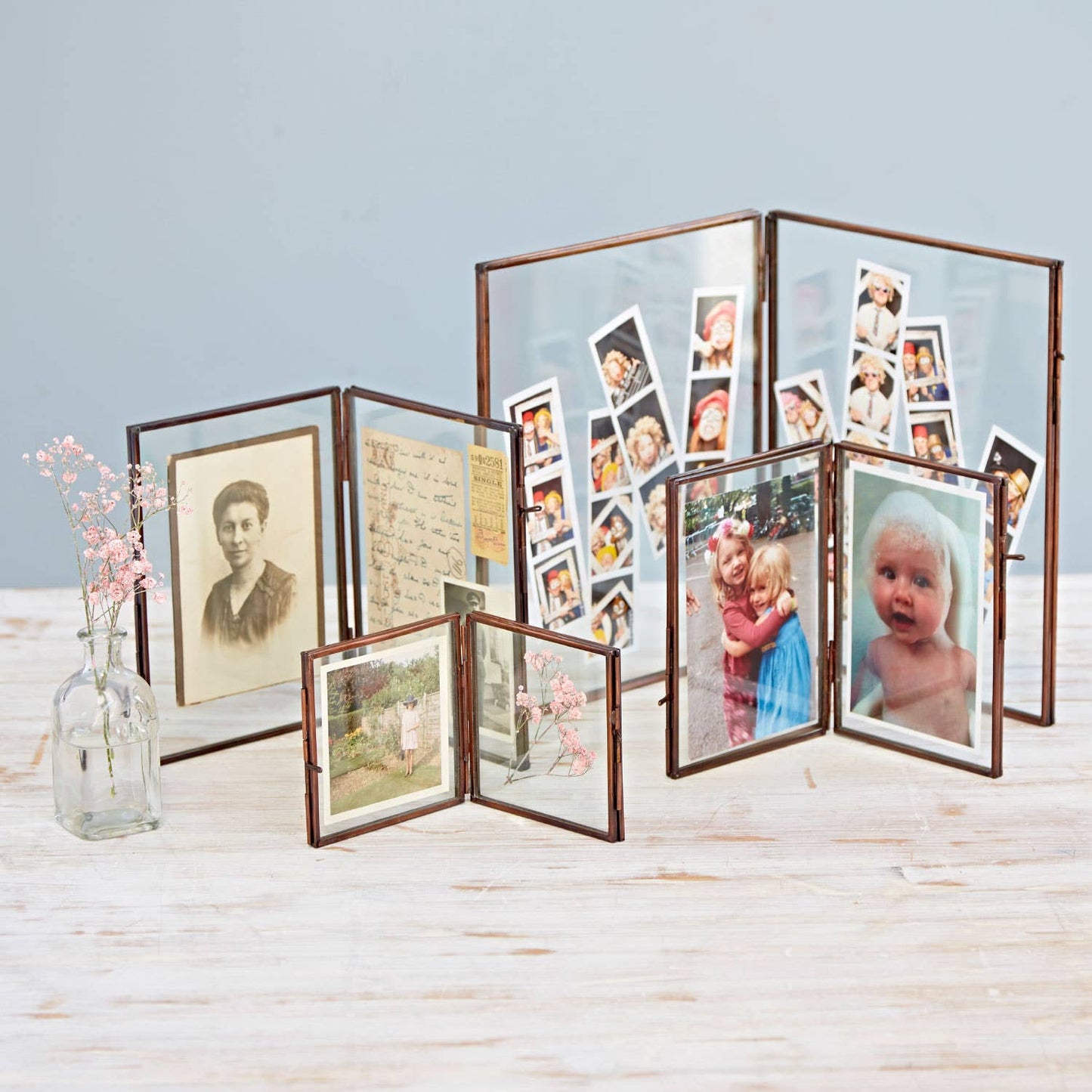 Antique Brass Glass Double Photo Frame - Handmade: Mini - To fit a 4x4 inch photo