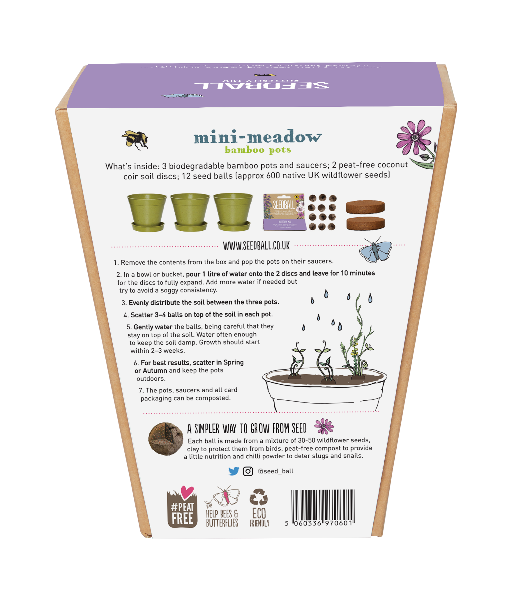 The Every Space Garden Mini-Meadow with 3 biodegradable, compostable bamboo pots and saucers, peat-free coir discs, and 12 wildflower seed balls containing approximately 30 wildlife-friendly wildflower seeds, by Seedball