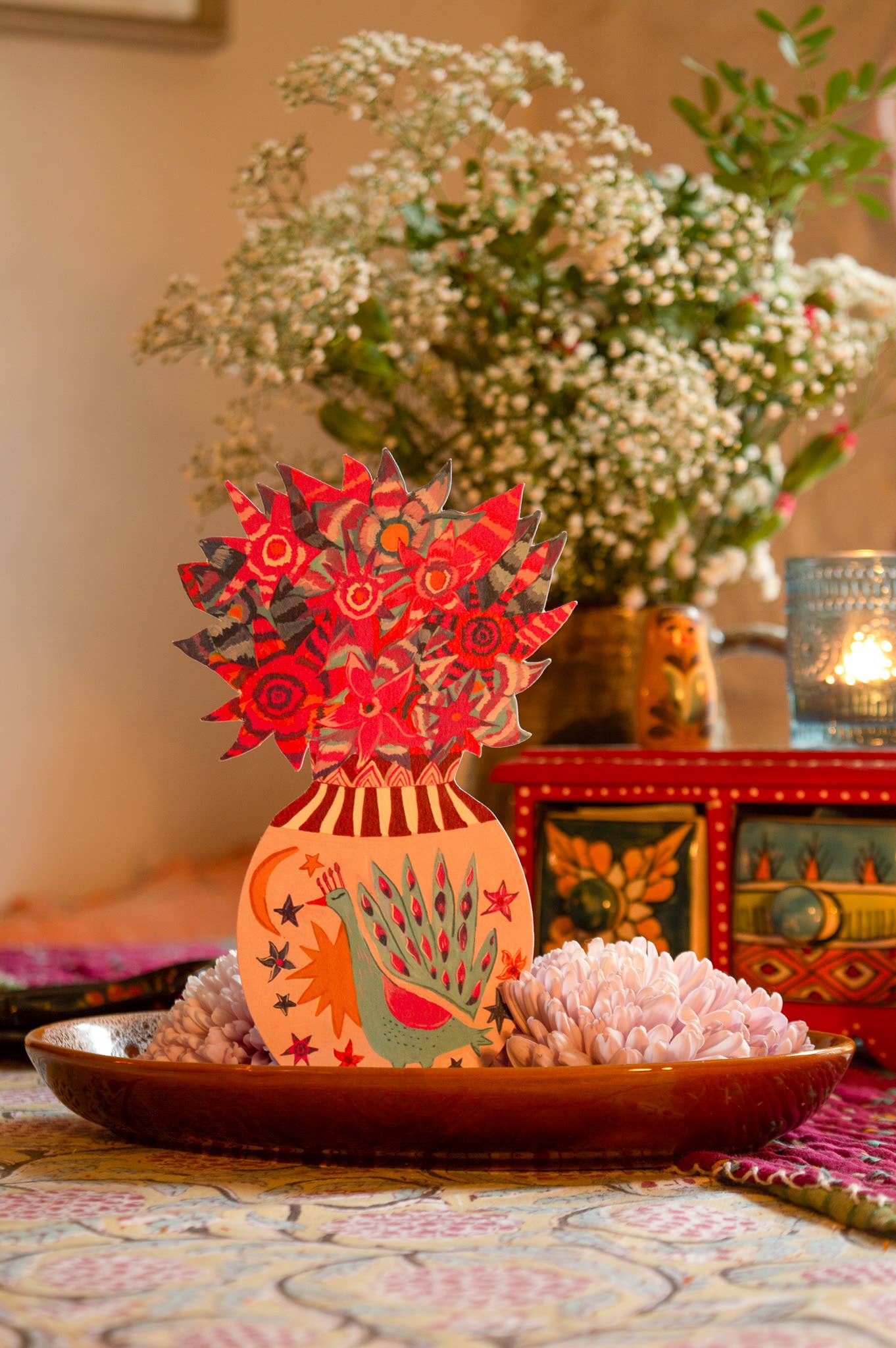 'Magical Pop Up Peacock Vase' Greetings Card