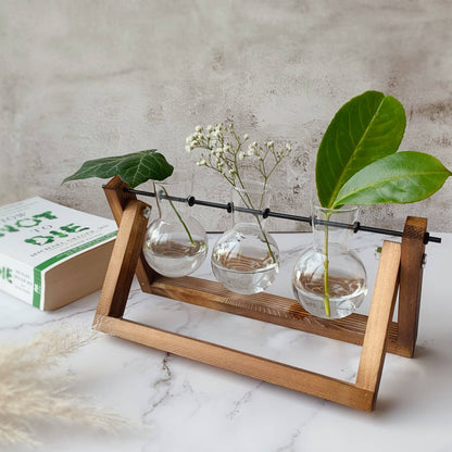 Glass Planter Bulb Vase with Wooden Stand | Triple