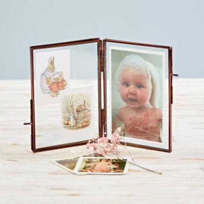 Antique Brass Glass Double Photo Frame - Handmade: Mini - To fit a 4x4 inch photo