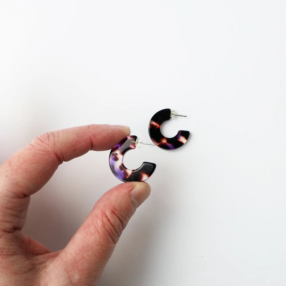 Camille Mini Hoop earrings are made from hand polished petroleum free cellulose acetate in a beautiful dark tortoiseshell and violet mix with a glass like finish, by Custom Made