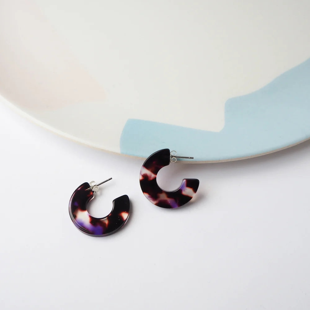 Camille Mini Hoop earrings are made from hand polished petroleum free cellulose acetate in a beautiful dark tortoiseshell and violet mix with a glass like finish, by Custom Made