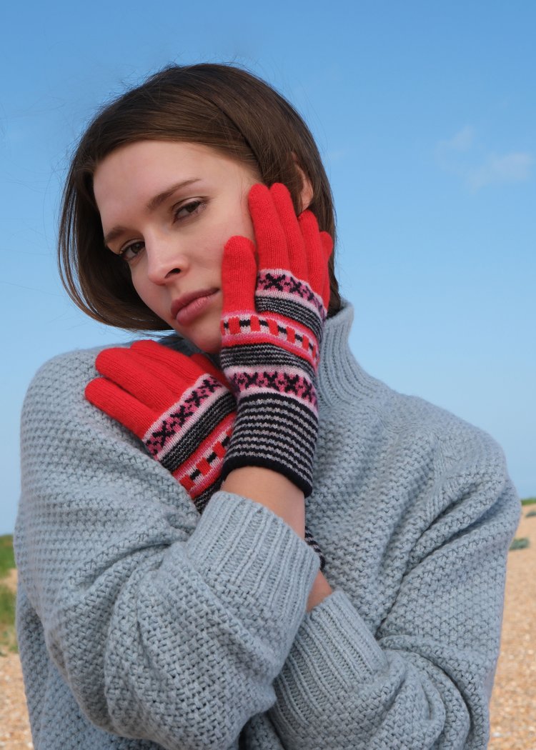 Dot + Cross Gloves in Harlequin Red, Pink & Black