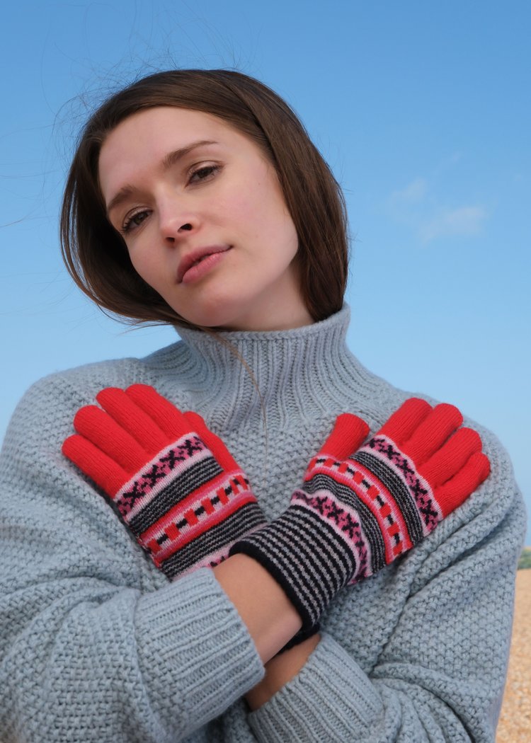 Dot + Cross Gloves in Harlequin Red, Pink & Black