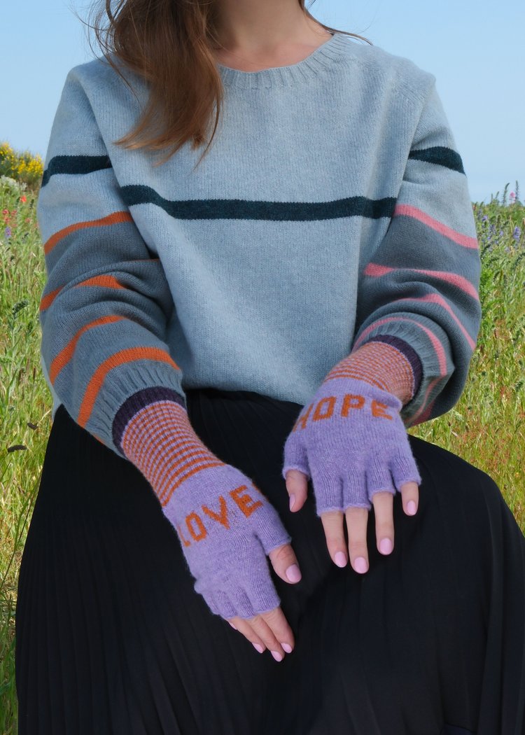 Fingerless Love and Hope Gloves in Violet and Rust