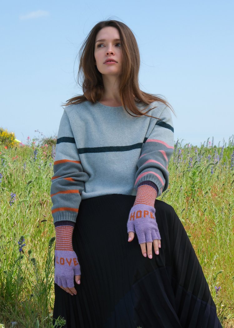 Fingerless Love and Hope Gloves in Violet and Rust