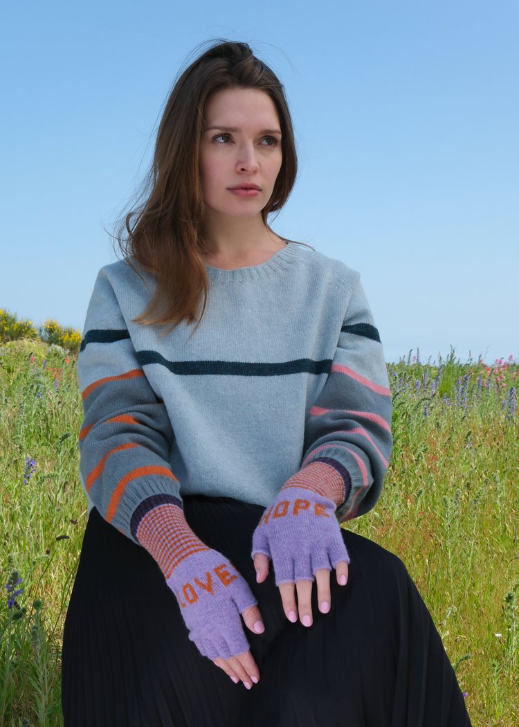 Fingerless Love and Hope Gloves in Violet and Rust