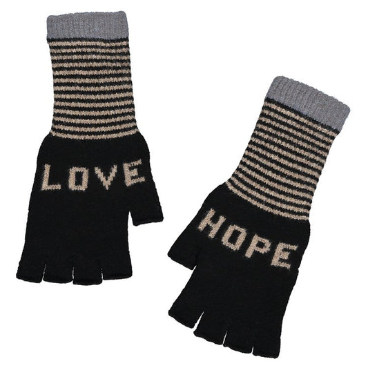 Fingerless Love Hope Gloves in Black and Taupe and Grey