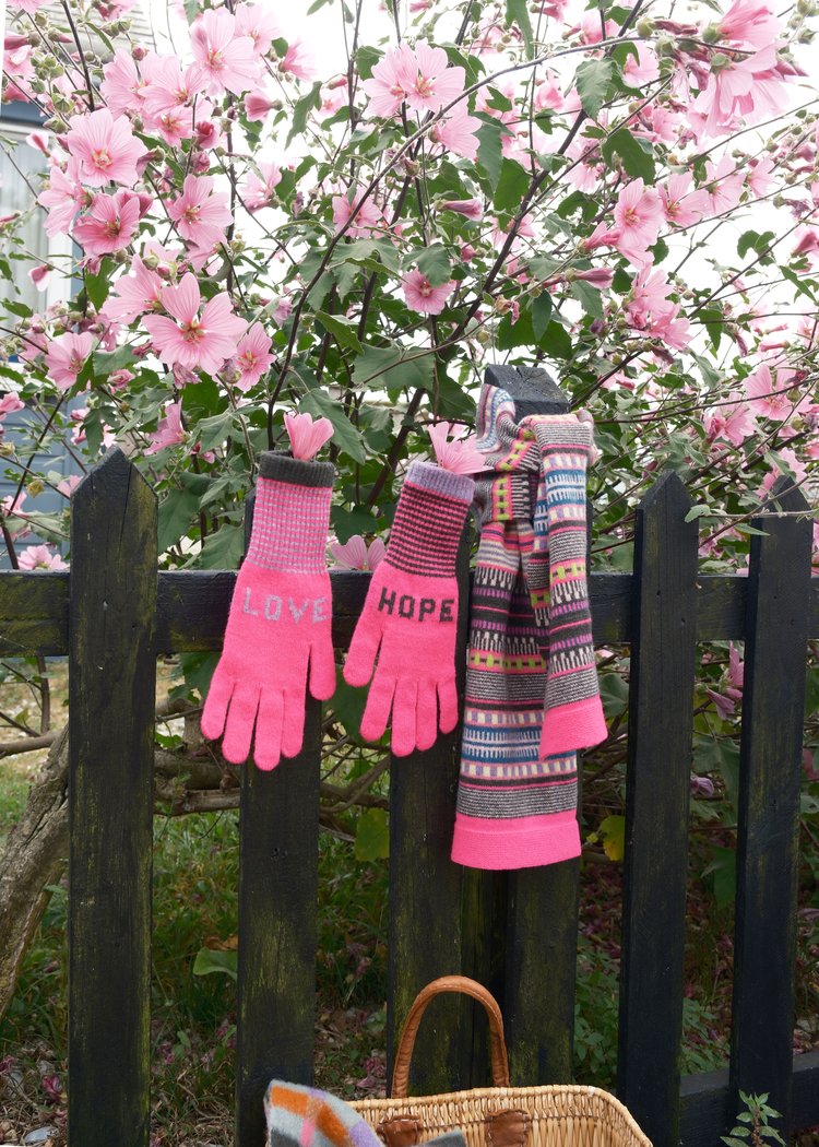 Love and Hope Gloves in Fluro Pink with Lilac and Berry