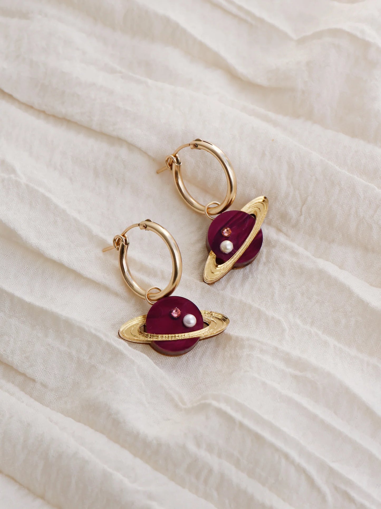 Saturn gold filled Hoops in gold and Cherry acrylic by wolf and moon