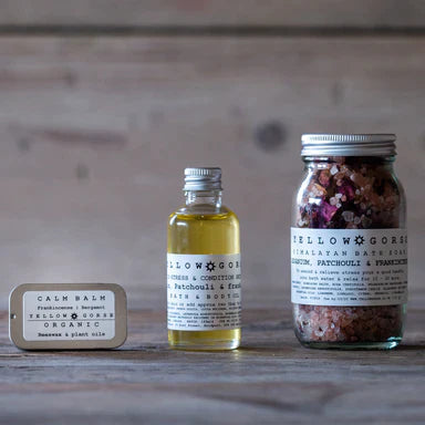 The Every Space wellness Botanical De-Stress & Balance Set with Calm Balm, Bath & Body Oil, and Bath Soak by Yellow Gorse